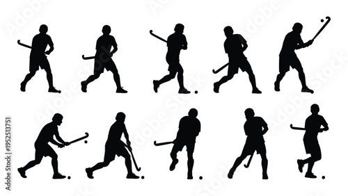 A set of silhouettes of people playing field hockey