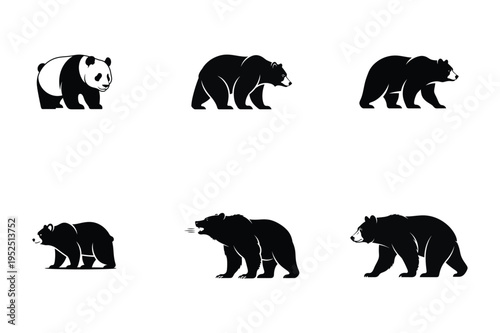 Set of bear silhouettes, panda and grizzly bear icons isolated on white background