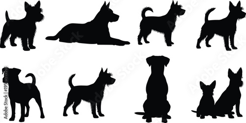 dog silhouettes collection different breeds poses set isolated on white background pet animal illustration canine shapes design concept