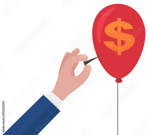 Hand with a sharp needle popping a red dollar balloon, symbolizing financial crisis, market speculation, currency inflation and economic instability. (cut out)