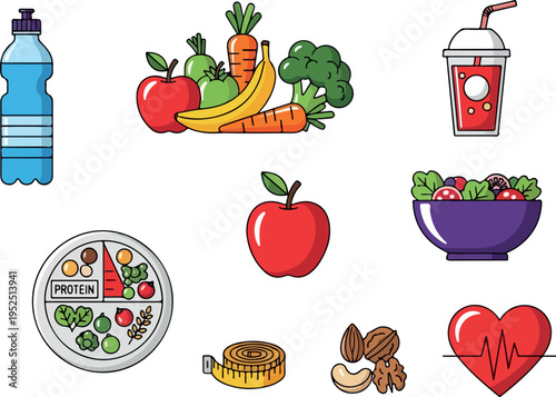 Healthy lifestyle choices collection with balanced nutrition and fitness elements