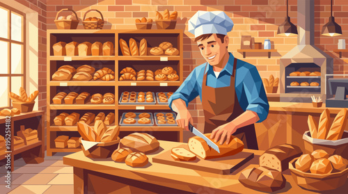A cheerful male baker in an apron and hat smiles while slicing a fresh loaf of bread in a warm, sunlit artisanal bakery filled with pastries.