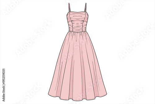 Pink Strappy Ruched Bodice Full Skirt Midi Dress Fashion Illustration vector
