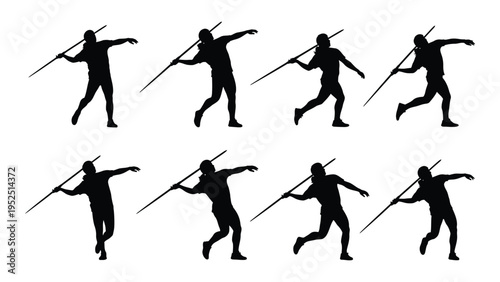 A set of eight different javelin thrower silhouettes