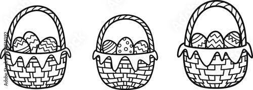 Three easter baskets filled with eggs