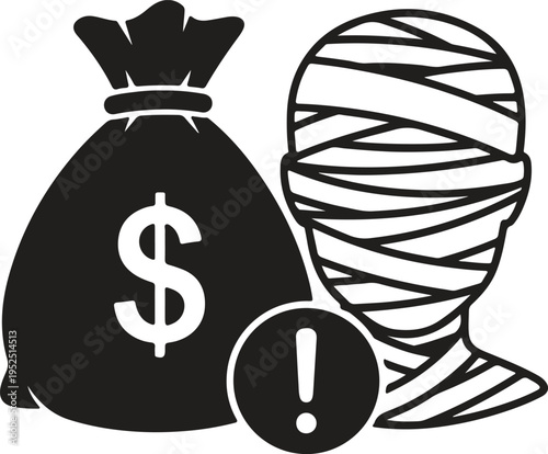 Financial Debt and Economic Risk Concept Icon.  Money Bag with Bandaged Head and Exclamation Mark Symbol in Black and White