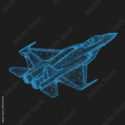 Blue Wireframe Model of Fighter Jet Aircraft.