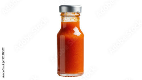 Quadro su tela Isolated glass bottle of vibrant orange-red hot sauce with a silver cap, ready f