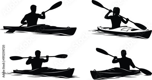 Kayaking silhouettes collection, people paddling canoe on water in different poses, black human figures isolated on white background, outdoor adventure sport concept set
