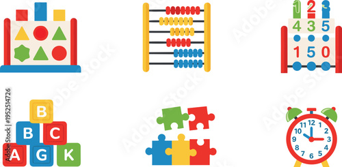 Children Educational Toy Vector Illustration Showing Shape Sorter Abacus Puzzle and Clock