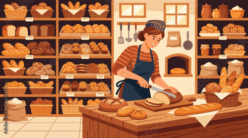 A smiling female baker in an apron slices a loaf of fresh bread in her warm and cozy bakeshop, surrounded by shelves of delicious baked goods.
