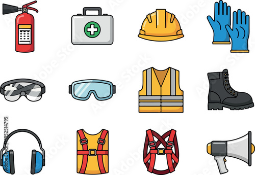 Safety gear icons and equipment for personal protection in hazardous environments, including helmets, gloves, and vests