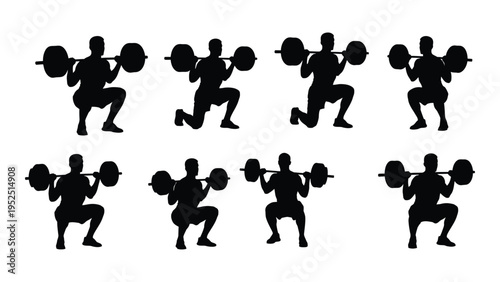 A set of silhouettes of men doing squats with barbells