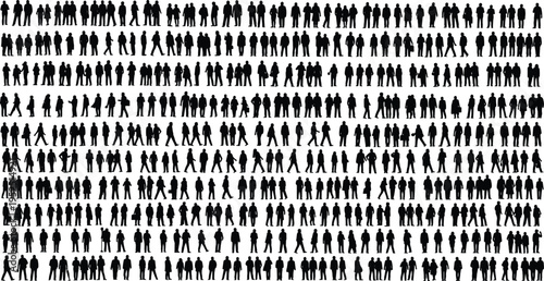 Massive people silhouette set, diverse crowd figures standing and walking, black human shapes collection, social population concept, isolated on white background