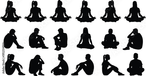 Meditation and sitting people silhouettes collection, men and women in yoga and relaxed poses, black human figures isolated on white background, mindfulness lifestyle concept