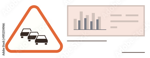 Urban planning, traffic management, data visualization, transportation analysis, road safety, congestion control. Triangular warning sign with cars and a data chart. Urban planning and traffic