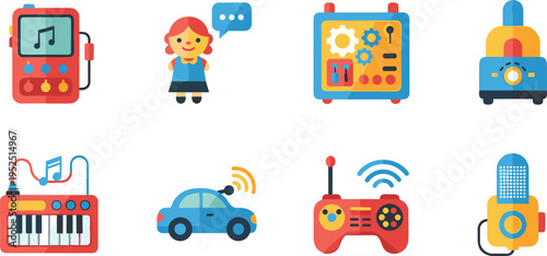 Children Interactive Toy Vector Illustration Showing Music Player Doll Car Controller and Microphone