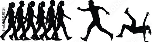 People movement silhouettes collection, walking group, running man and breakdance pose, black human figures isolated on white background, dynamic lifestyle action concept set