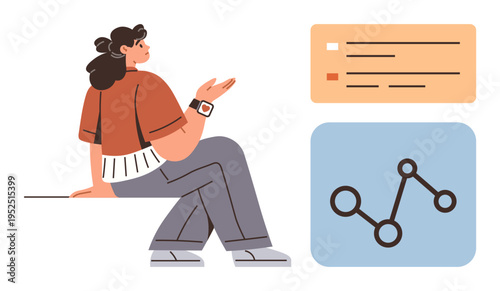 Data analysis, business planning, problem-solving, teamwork, reporting, decision-making. Woman seated beside icons of a graph and list. Data analysis and business planning for workplace discussions