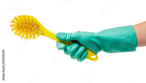 Obraz na plátne Isolated hand in a teal rubber glove holding a bright yellow scrubbing brush for cleaning chores