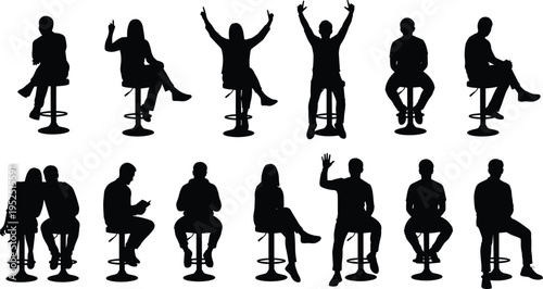 people sitting silhouettes collection men and women on stools poses set isolated on white background human figures illustration lifestyle concept