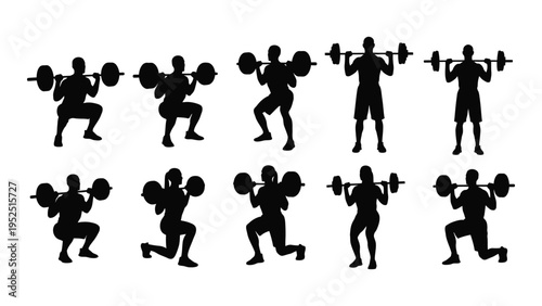 A set of silhouettes of men lifting dumbbells in various positions