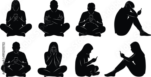 People using smartphone silhouettes collection, men and women sitting with mobile devices, black human figures isolated on white background, technology lifestyle concept set