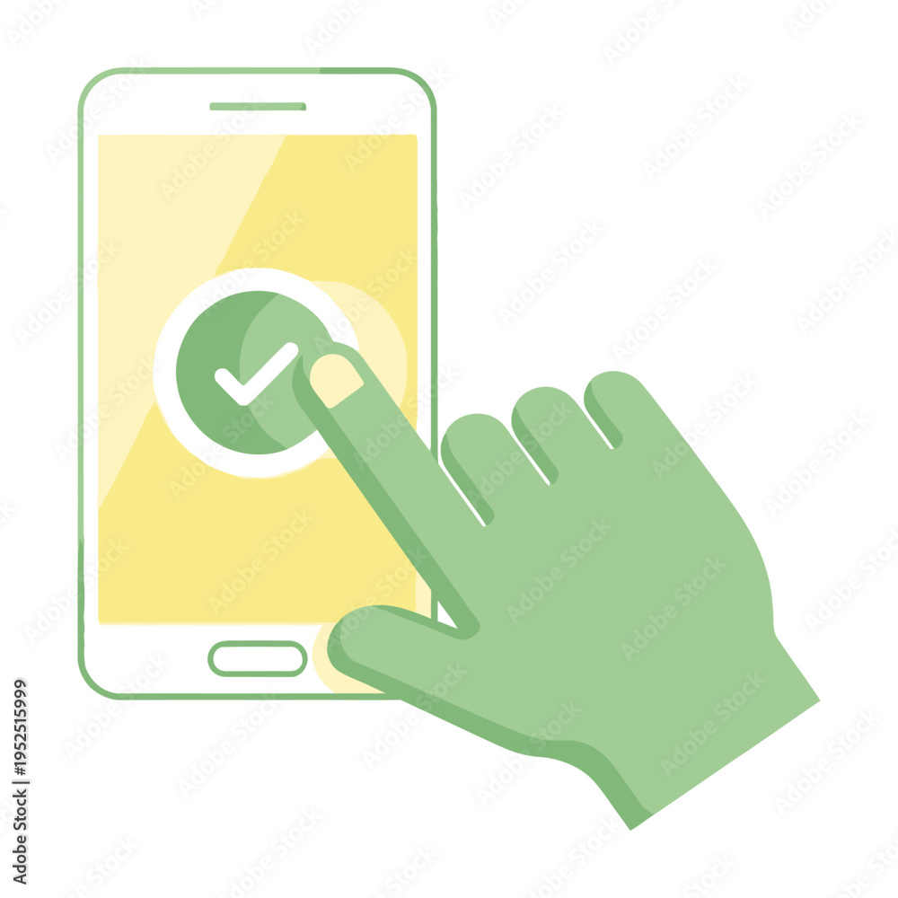 Obraz premium Hand pressing illuminated green checkmark button on glowing yellow smartphone screen in modern digital concept