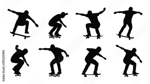 A set of silhouettes of a skateboarder performing various tricks
