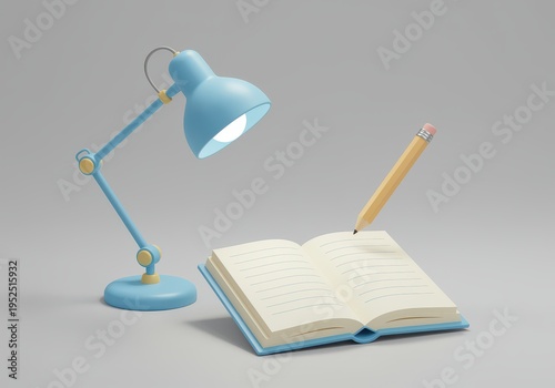 Open book with a pencil writing and a desk lamp illuminating image photo 3D