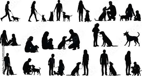 people with dogs silhouettes collection pet owners walking training playing set isolated on white background human and animal interaction illustration concept