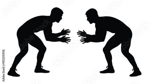 Two men in a wrestling stance facing each other