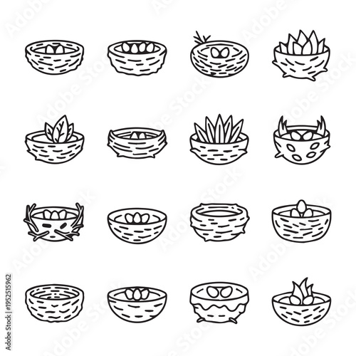 Bird Nests with Eggs and Leaves Vector Icons Set Simple Outline Style