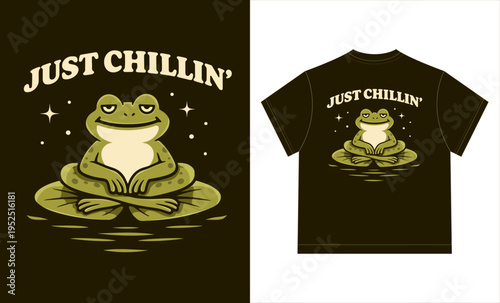 Frog Meditating on Lily Pad with Stars and Water Ripples, Just Chillin Text