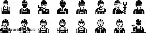 Construction worker avatar icons set with engineers builders technicians and mechanics faces wearing helmets for industry workforce profile and labor vector collection