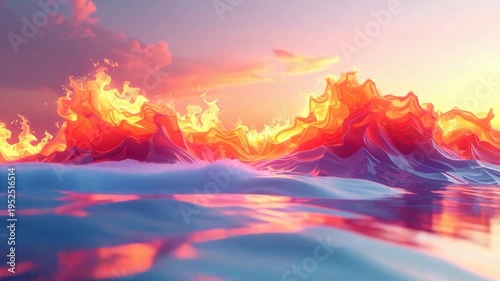 Waves of water and fire blend in the ocean under a fiery sky