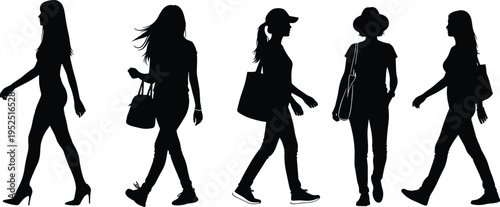 Women walking silhouette collection, stylish female figures with bags and casual outfits, fashion lifestyle concept, urban girls walking set