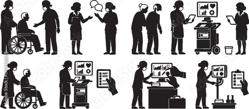 Healthcare communication and diagnostics set featuring medical interpreters assisting patients and mobile X-ray units providing bedside imaging at nursing home facilities