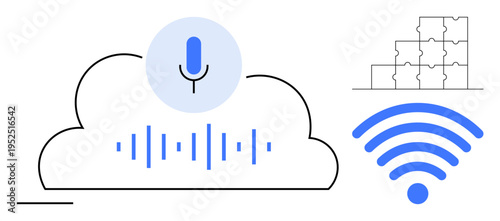 Cloud computing concept. Cloud computing supporting voice recognition, wireless networking, and puzzle-thumbs up data integration. Cloud-based applications, technology systems, networking, data