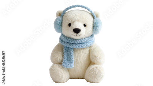 Obraz na plátne Isolated cute fluffy polar bear plush toy wearing cozy knitted blue earmuffs and