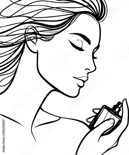 Line art illustration of a beautiful woman with blowing hair holding perfume. Minimalist vector portrait of a girl smelling fragrance bottle. Beauty and fragrance concept