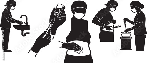 Insulin injection techniques Vector Silhouettes set featuring hand washing, syringe preparation, site cleaning, and subcutaneous administration for diabetes management