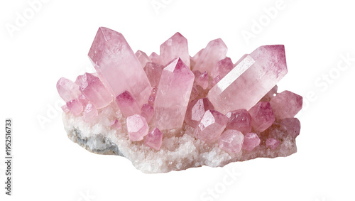 Isolated beautiful pink quartz crystal cluster, natural geology mineral stone specimen