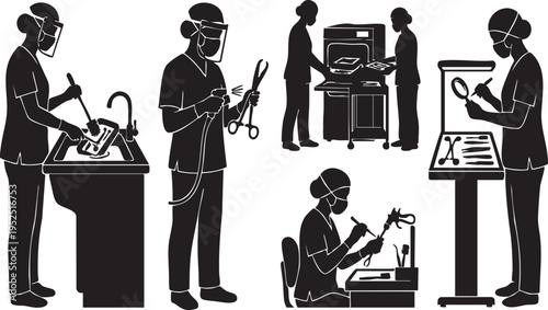 Hospital Sterilization Processing Tech and Surgical Instrument Cleaning Silhouette and Decontamination Icons
