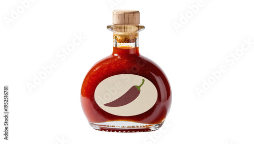 Fotografie Isolated small round bottle of spicy red hot sauce with chili pepper label and cork stopper