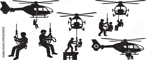 Medical Emergency Icons Silhouette Ambulance Helicopter Hoist Rescue Silhouette