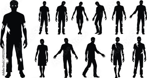 zombie silhouettes collection scary undead characters standing walking poses set isolated on white background halloween horror creepy monster illustration concept