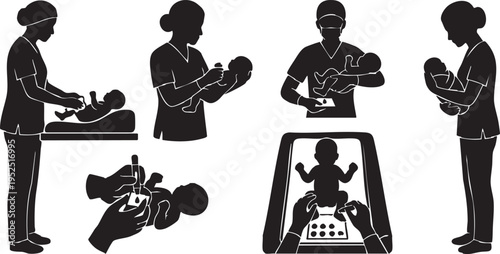 Newborn Heel Prick Blood Test Silhouette Neonatal Screening and Blood Collection Icons