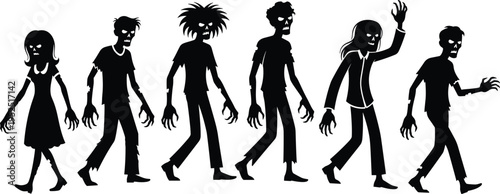 Zombie silhouettes collection, creepy walking undead characters in horror poses, black spooky human figures isolated on white background, Halloween monster concept set