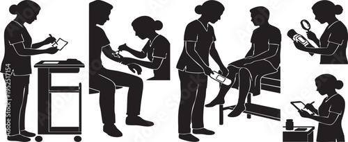 Nurse and Patient Medical Treatment Icons Silhouette ; Wound Care Clinic Dressing Change Silhouette